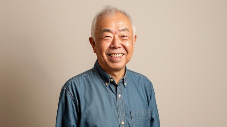 Photo a man in a blue shirt is smiling and has a white beard