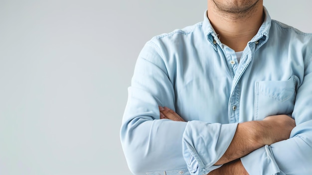 a man in a blue shirt is standing with his arms crossed he has a confident expression on his face