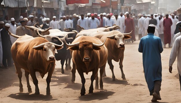 Photo a man in a blue shirt is walking with cows