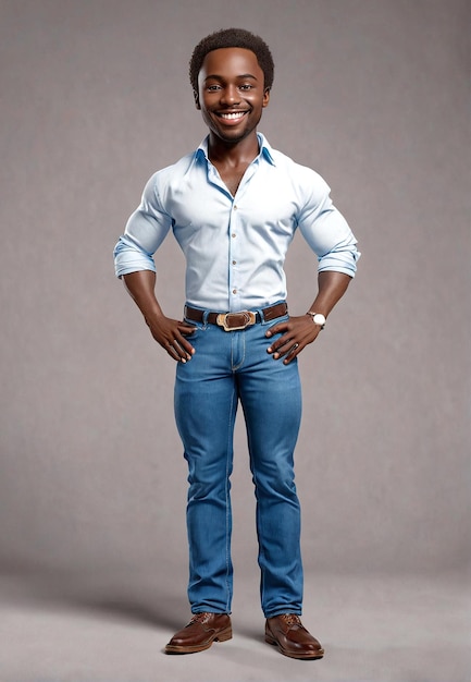 a man in a blue shirt and jeans