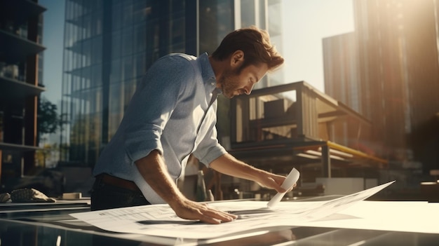Foto un uomo con una camicia blu che guarda un pezzo di carta adatto per affari e concetti d'ufficio