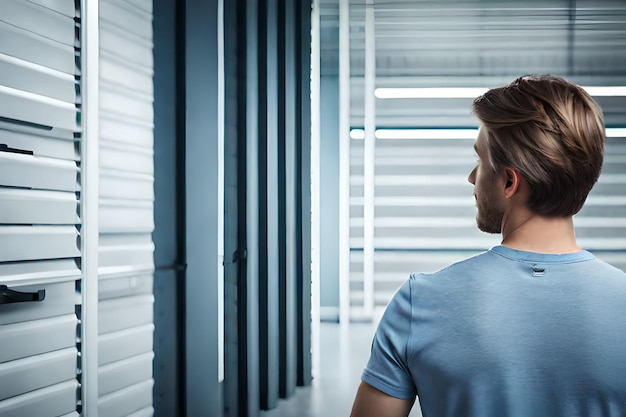 A man in a blue shirt looks out of a metal door.