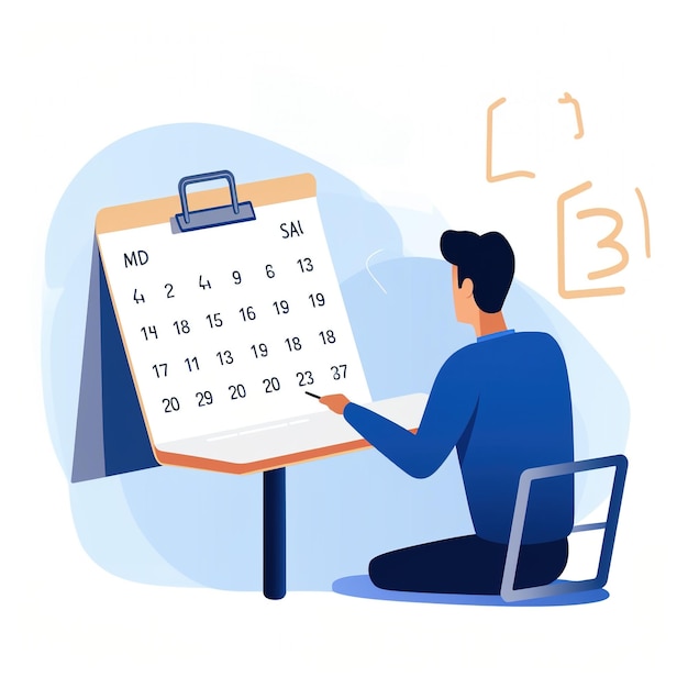 青いシャツを着た男が大きな机のカレンダーにスケジュールを計画している