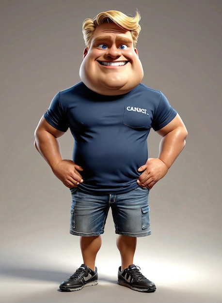 Photo a man in a blue shirt and shorts stands with his hands on his hips