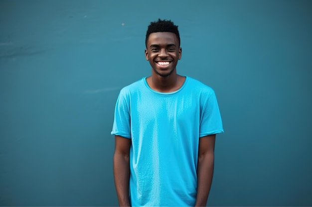 A man in a blue shirt stands in front of a blue wall.