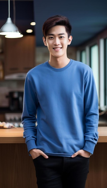 a man in a blue shirt stands in front of a counter with his hands in his pockets.