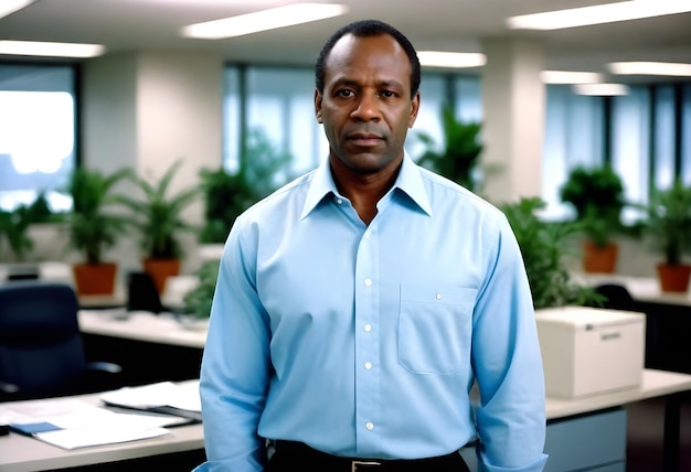 a man in a blue shirt stands in front of a desk with plants
