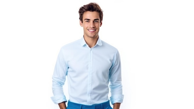 A man in a blue shirt stands in front of a white background.