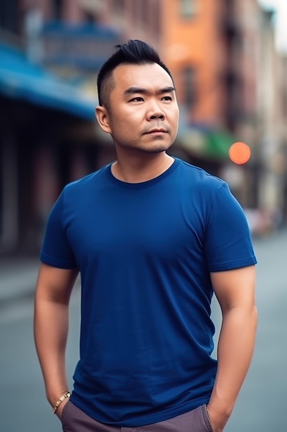 A man in a blue shirt stands in the street and looks into the camera