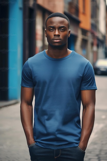 A man in a blue shirt stands in the street