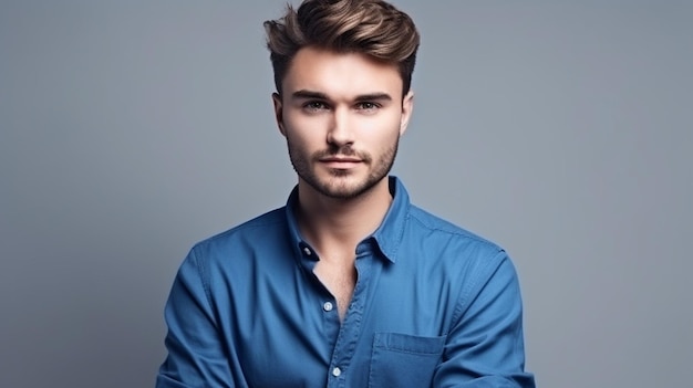 A man in a blue shirt stands with his arms crossed.