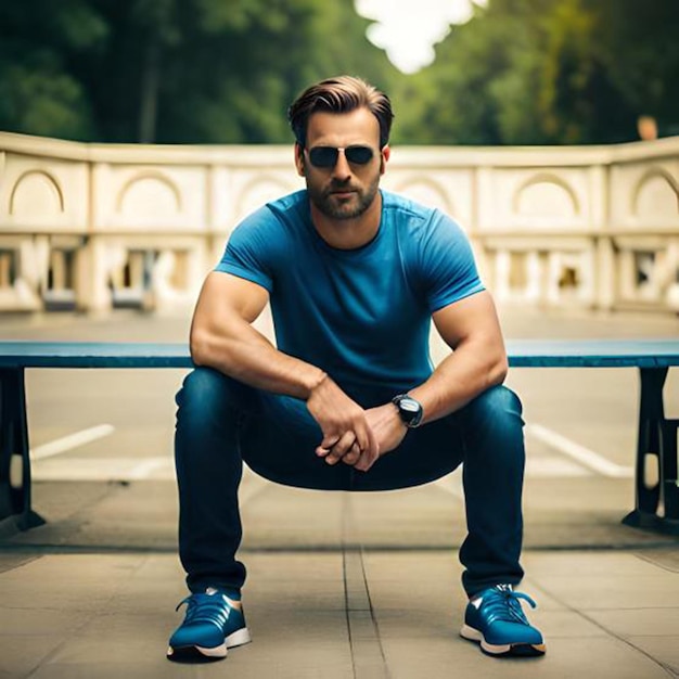 A man in a blue shirt and sunglasses sits on a bench in front of a park.