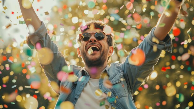 Man in Blue Shirt Surrounded by Confetti