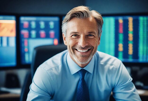 a man in a blue shirt and tie is smiling in front of a computer screen