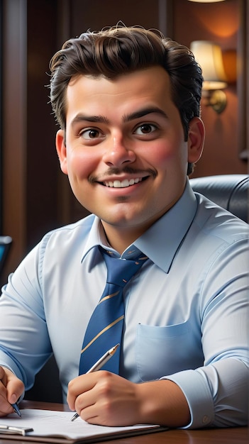 a man in a blue shirt and tie sitting at a desk