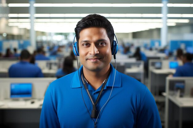 Photo a man in a blue shirt wearing headphones