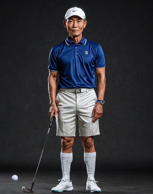 a man in a blue shirt and white shorts holding a golf ball