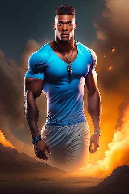 A man in a blue shirt with a blue shirt and shorts stands in front of a burning mountain.