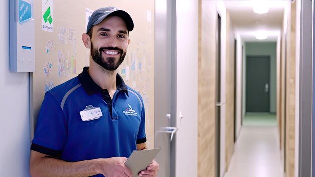 Photo a man in a blue shirt with a name tag on it