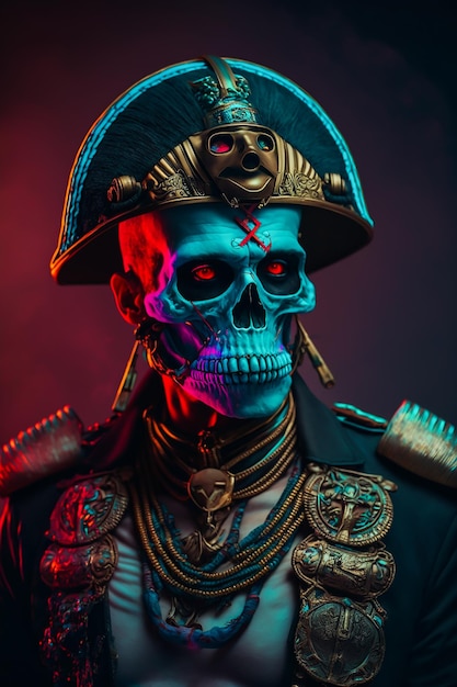 A man in a blue skull with red eyes stands in front of a red light