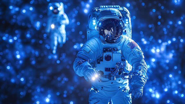 A man in a blue spacesuit is holding a flashlight