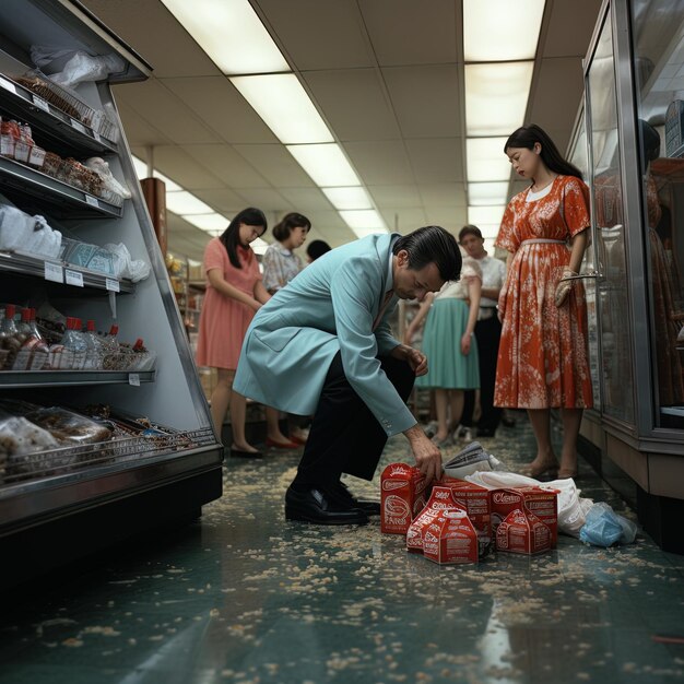 Photo a man in a blue suit is bending over a bag of food