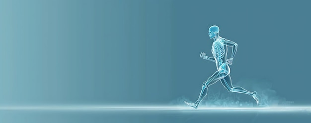 a man in a blue suit is running in front of a light blue background