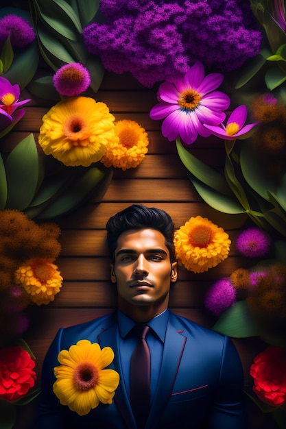 A man in a blue suit lies in front of flowers