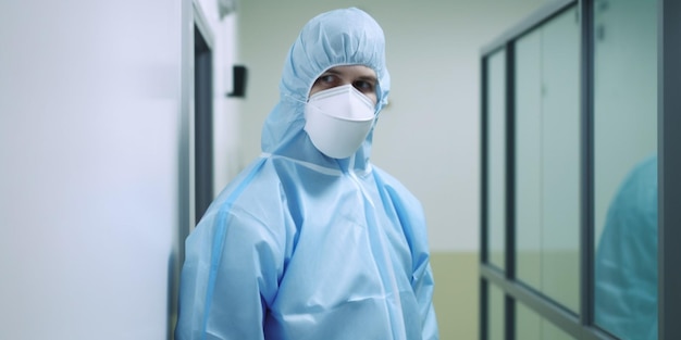 A man in a blue suit and a mask stands in a room.