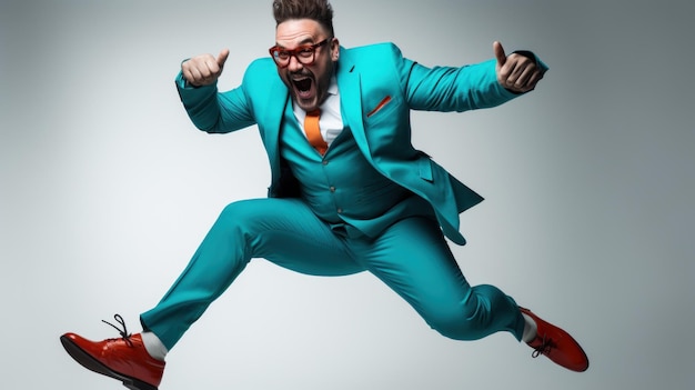 Photo a man in a blue suit and red shoes is jumping ai