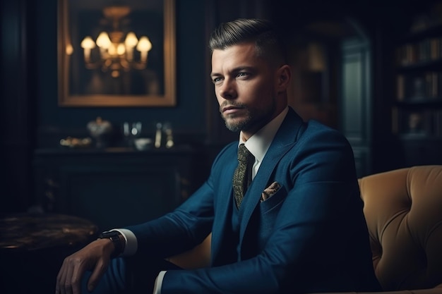 A man in a blue suit sits in a dark room with a mirror behind him.