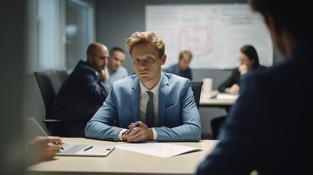 A man in a blue suit sits at a desk in front of a board that says'it's a business '