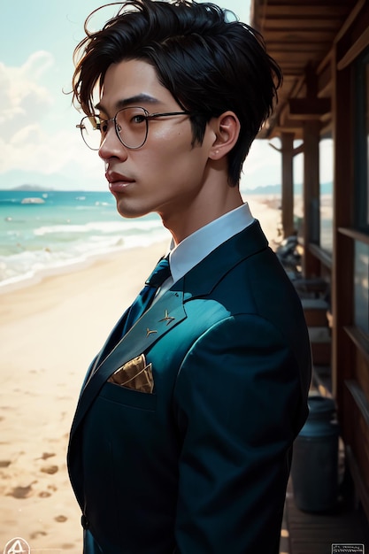 A man in a blue suit stands on a beach wearing glasses