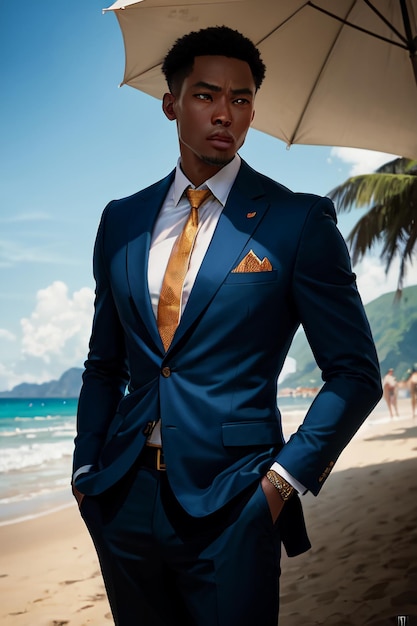 Premium Ai Image | A Man In A Blue Suit Stands On A Beach Wearing A Yellow  Tie.