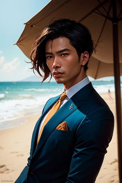 Premium Ai Image | A Man In A Blue Suit Stands On A Beach With An Orange Tie .