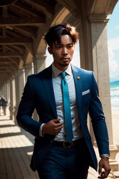 A man in a blue suit stands on a beach.