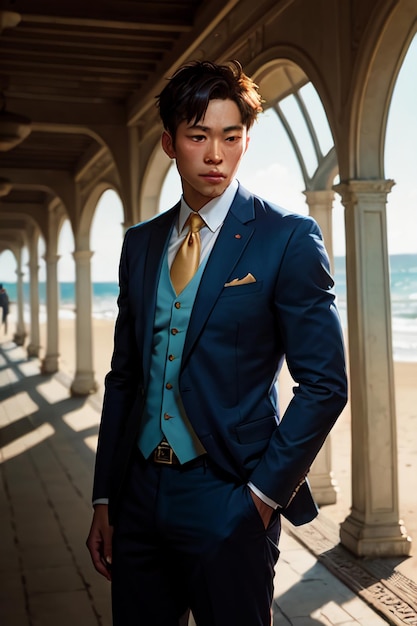 A man in a blue suit stands on a beach.