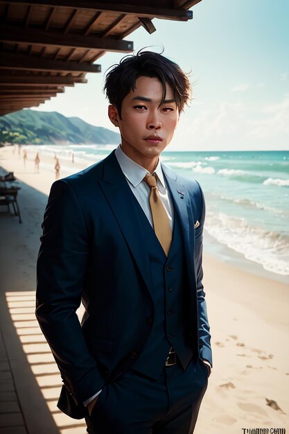 A man in a blue suit stands on a beach