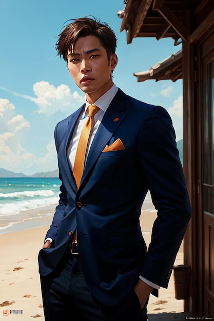 Premium Ai Image | A Man In A Blue Suit Stands In Front Of A Beach And  Wears A Orange Tie.