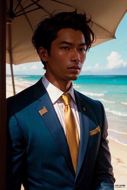 A man in a blue suit stands in front of a beach