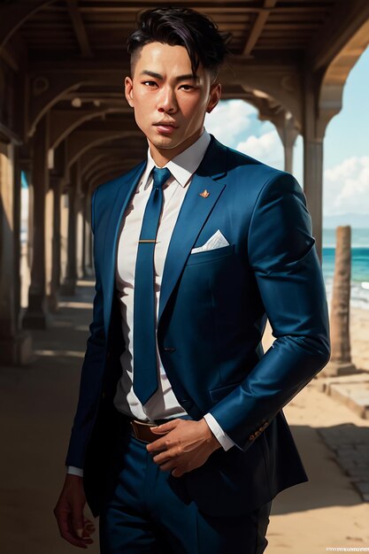 A man in a blue suit stands in front of a beach.