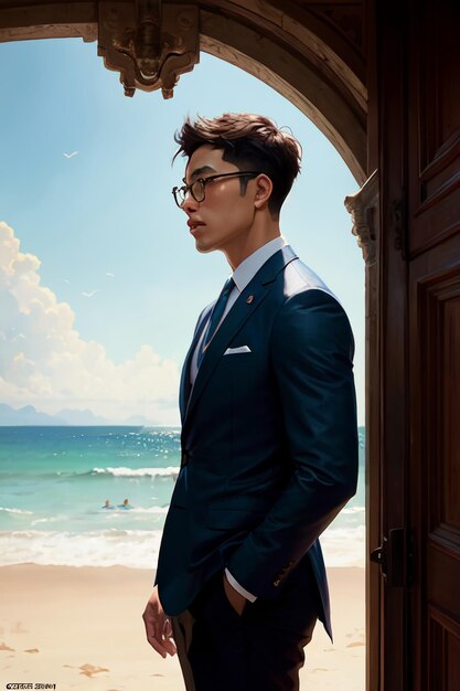 A man in a blue suit stands in front of a beach
