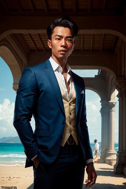 A man in a blue suit stands in front of a beach.