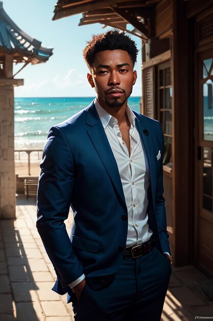 A man in a blue suit stands in front of a beach