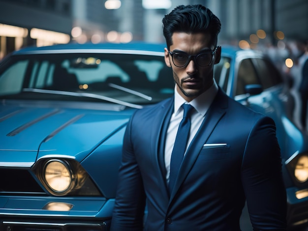 A man in a blue suit stands in front of a blue car.