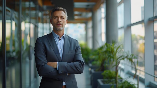 Foto un uomo in abito blu si trova di fronte a un ufficio con le braccia incrociate