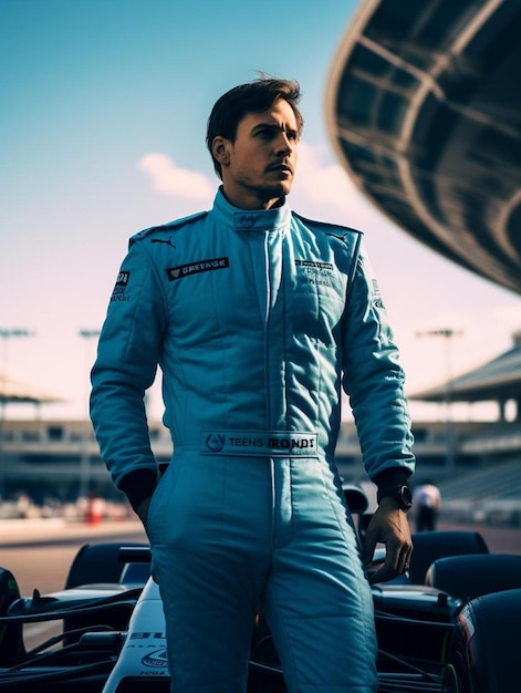 a man in a blue suit stands in front of a row of cars.