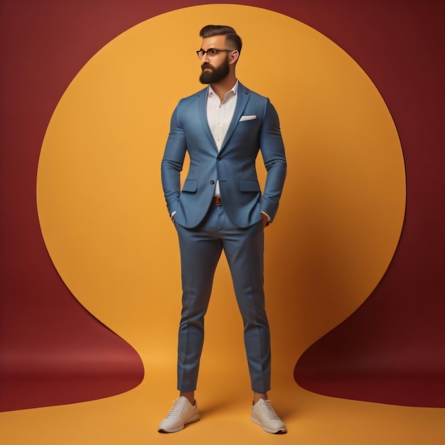 A man in a blue suit stands in front of a yellow and red background.