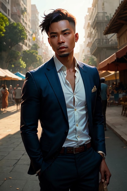 A man in a blue suit stands in a street in hanoi, vietnam.