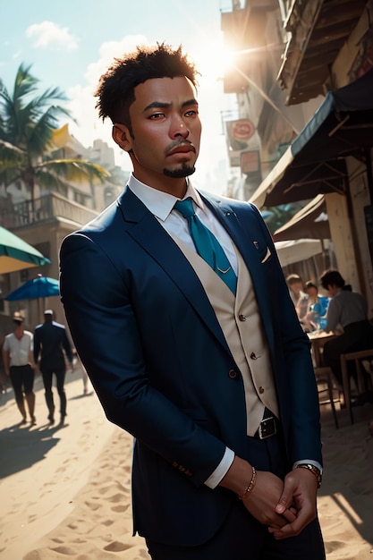 A man in a blue suit stands in a street